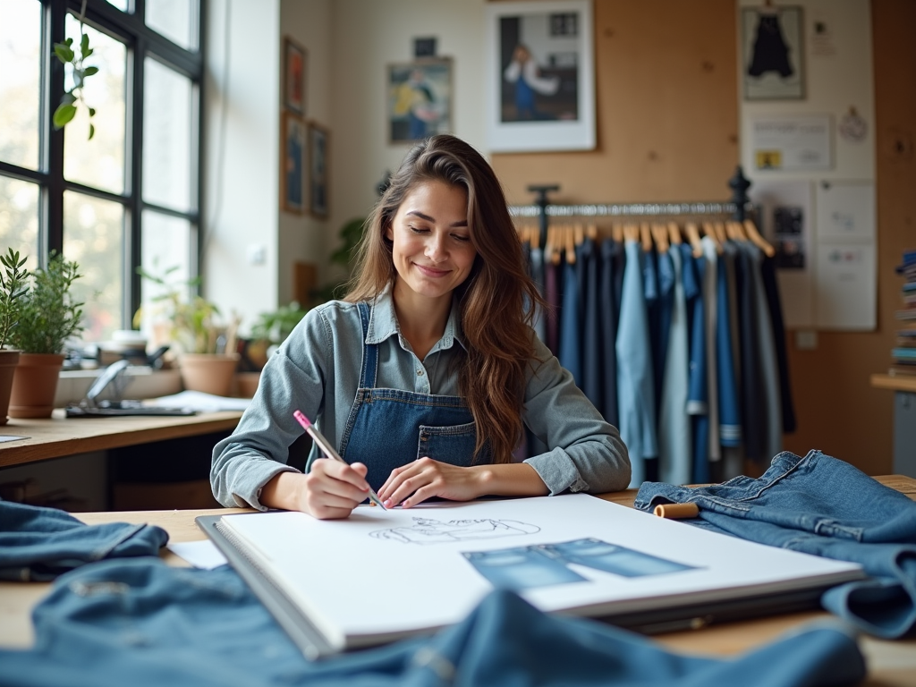 Projektantka mody rysuje szkic w jasnym atelier z roślinami.