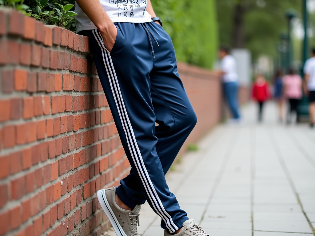 Osoba opiera się o ceglaną ścianę, nosząc granatowe spodnie sportowe i białe sneakersy.